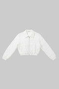 White lace cropped jacket with a front zipper and pointed collar, laid flat on a gray wood-look floor.